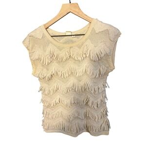 Anthropologie Sparrow Ivory Fringe Chevron Knit Sweater Vest Top Cream XS